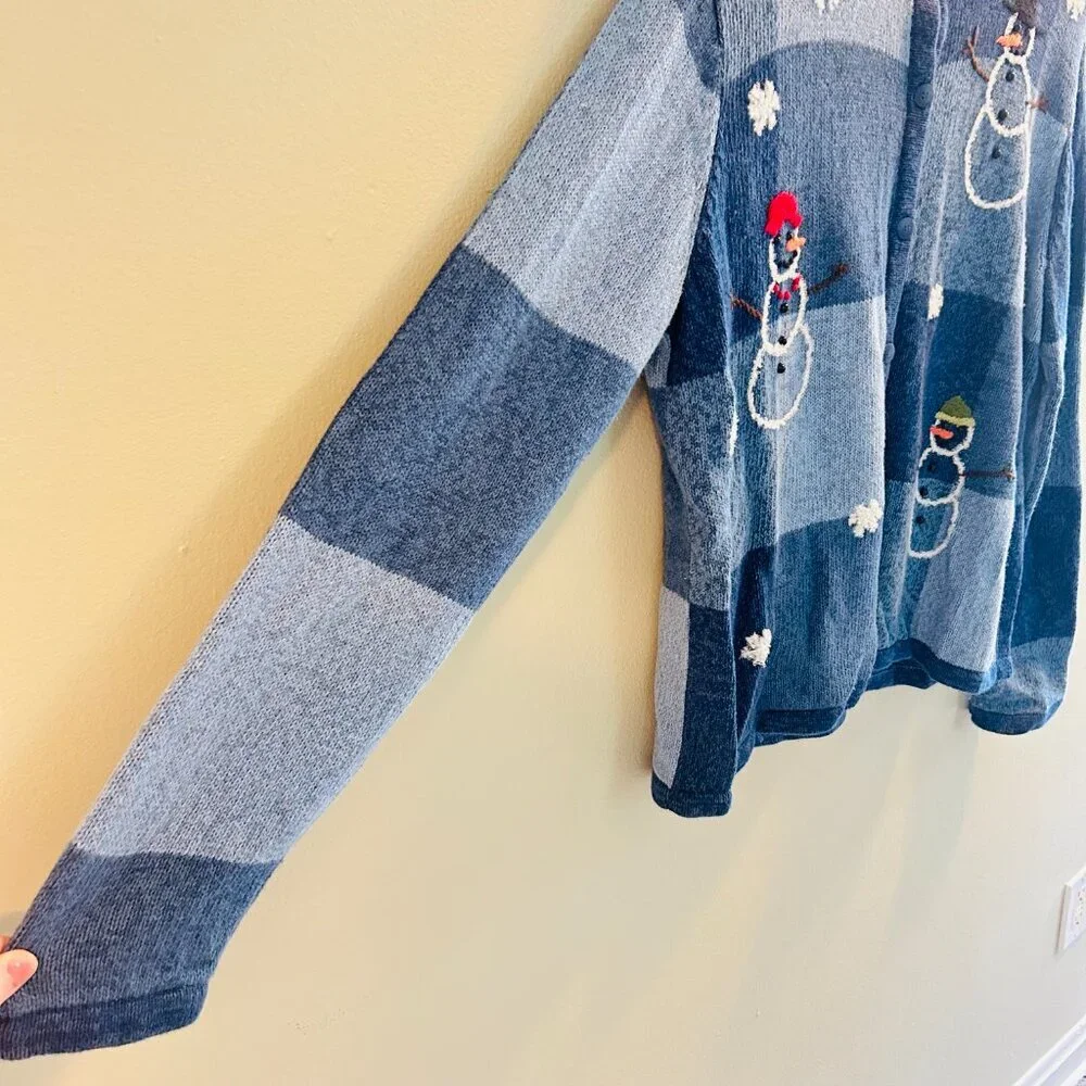 Breckenridge Snowman Cardigan Womens Size Large Vintage Blue Applique Sweater - Picture 6 of 11